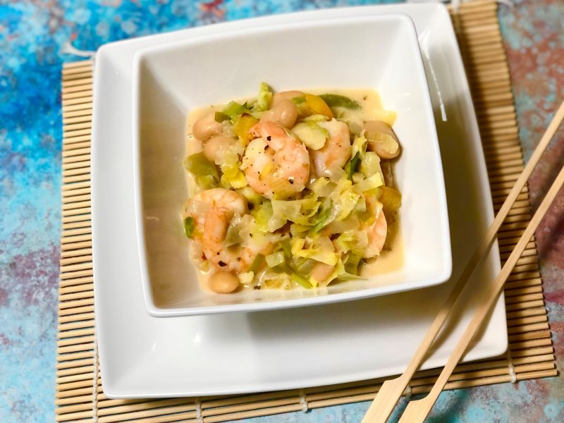 One Pan Creamy Sweet Miso Prawns with Butter beans & Greens