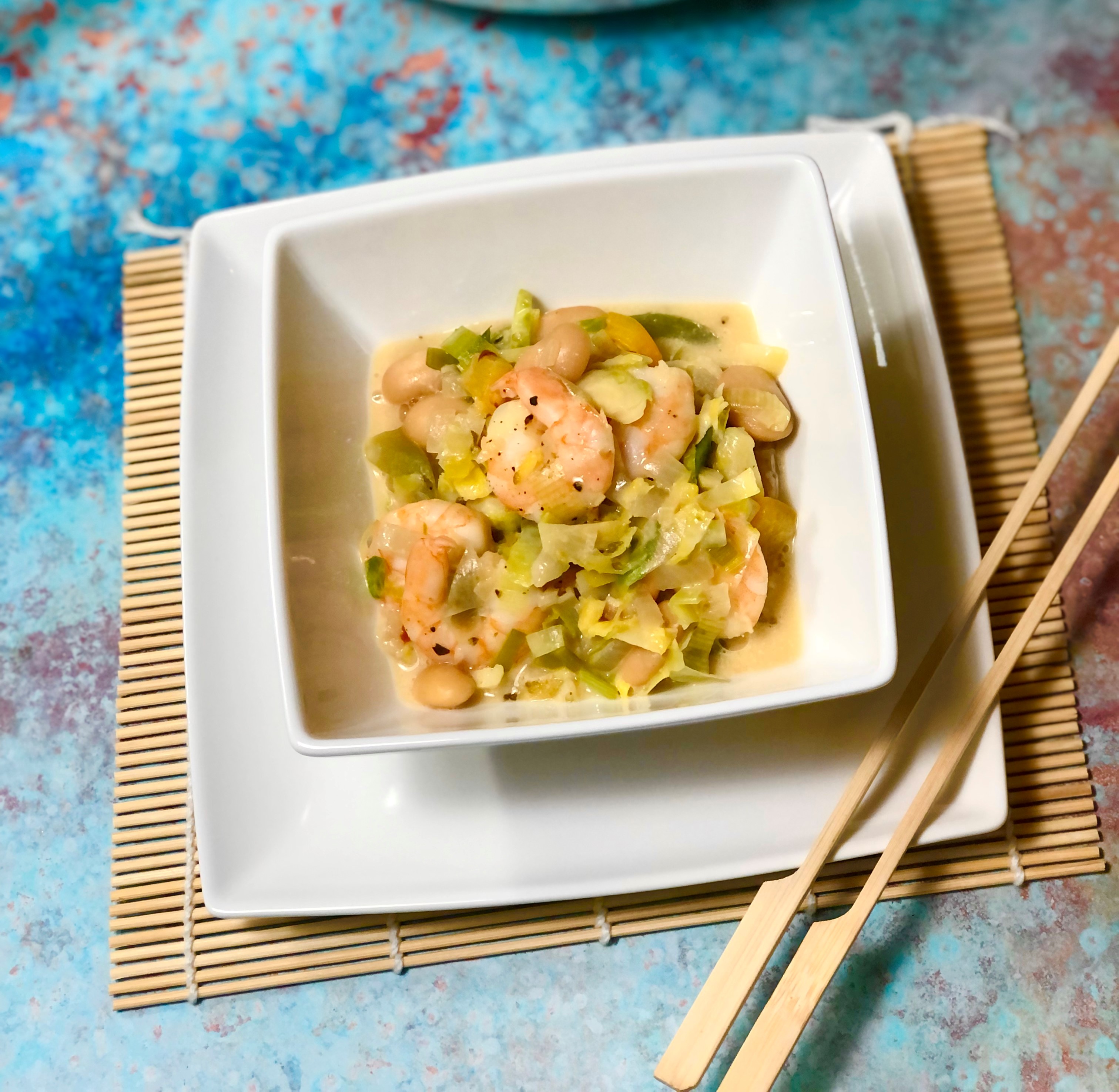 One Pan Creamy Sweet Miso Prawns with Butter beans & Greens